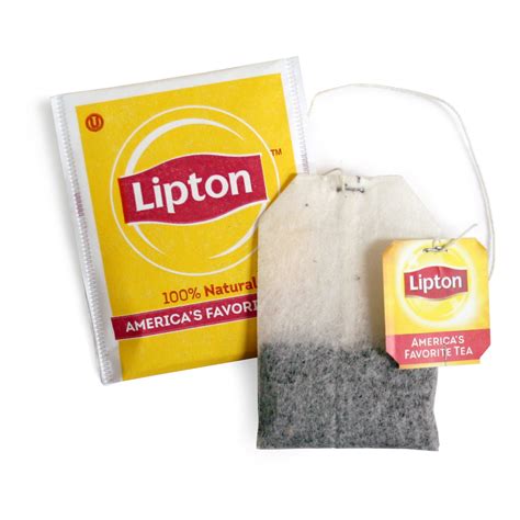A picture of a lipton tea bag showing the yellow tea label and paper tea bag envelope, with the tagline "America's Favorite Tea"